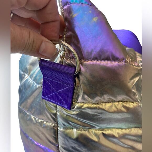 Large Metallic Puffer Tote Weekender w/ Decorative purple Straps - Picture 16 of 16